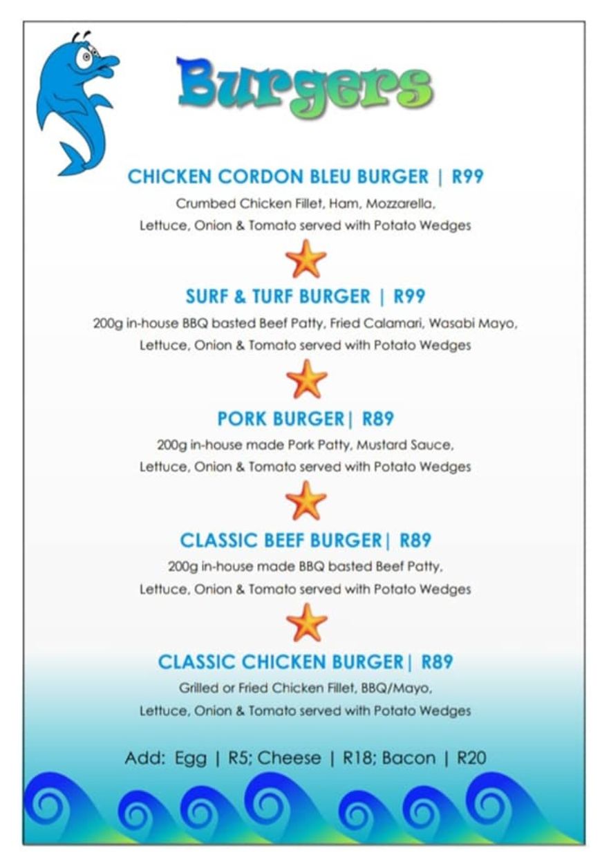 dizzy dolphin menu burgers